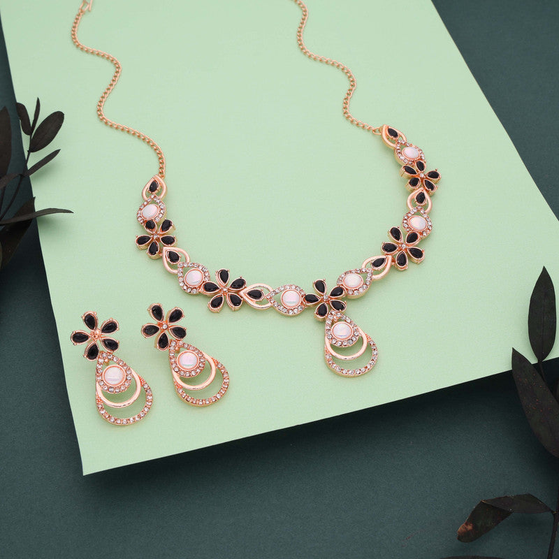Tehzeeb Creations Rose Gold-Polished Black Colour Necklace With Stud - Distacart