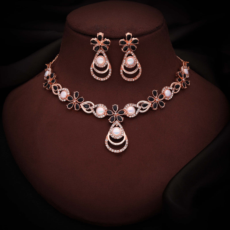 Tehzeeb Creations Rose Gold-Polished Black Colour Necklace With Stud - Distacart