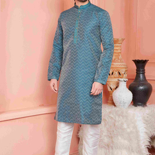 Raivat Ethnic Jacquard Banarasi Silk Pintux Work Kurta Pajama In Teal Blue Colour - Distacart
