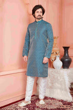 Thumbnail for Raivat Ethnic Jacquard Banarasi Silk Pintux Work Kurta Pajama In Teal Blue Colour - Distacart