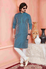 Thumbnail for Raivat Ethnic Jacquard Banarasi Silk Pintux Work Kurta Pajama In Teal Blue Colour - Distacart