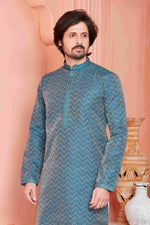 Thumbnail for Raivat Ethnic Jacquard Banarasi Silk Pintux Work Kurta Pajama In Teal Blue Colour - Distacart