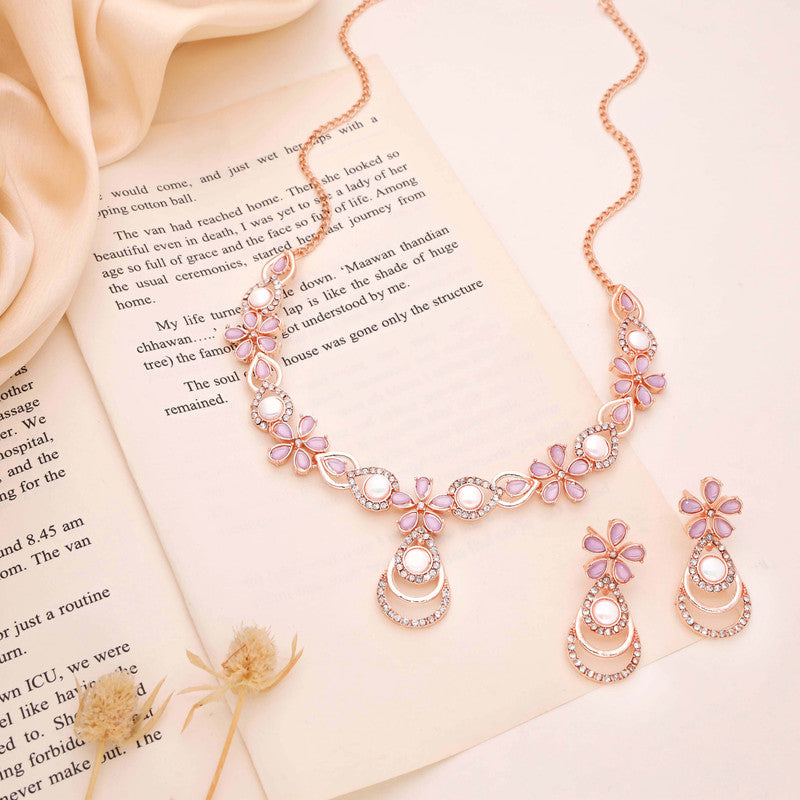 Tehzeeb Creations Rose Gold-Polished Lavender Colour Necklace With Stud - Distacart