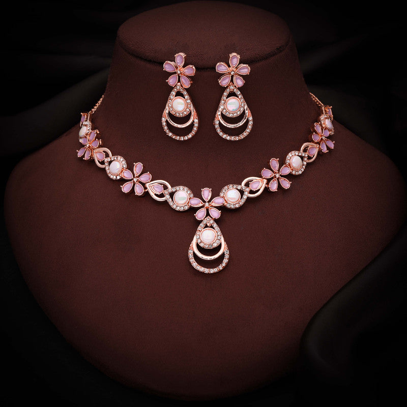 Tehzeeb Creations Rose Gold-Polished Lavender Colour Necklace With Stud - Distacart