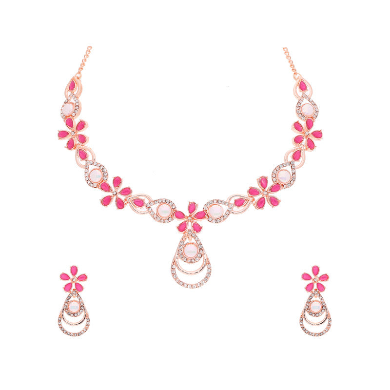 Tehzeeb Creations Rose Gold-Polished Pink Colour Necklace With Stud - Distacart