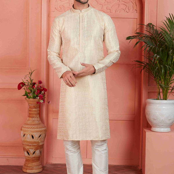 Raivat Ethnic Men's Jacquard Silk Brocade Pintux Work Kurta Pyjama In Cream Colour