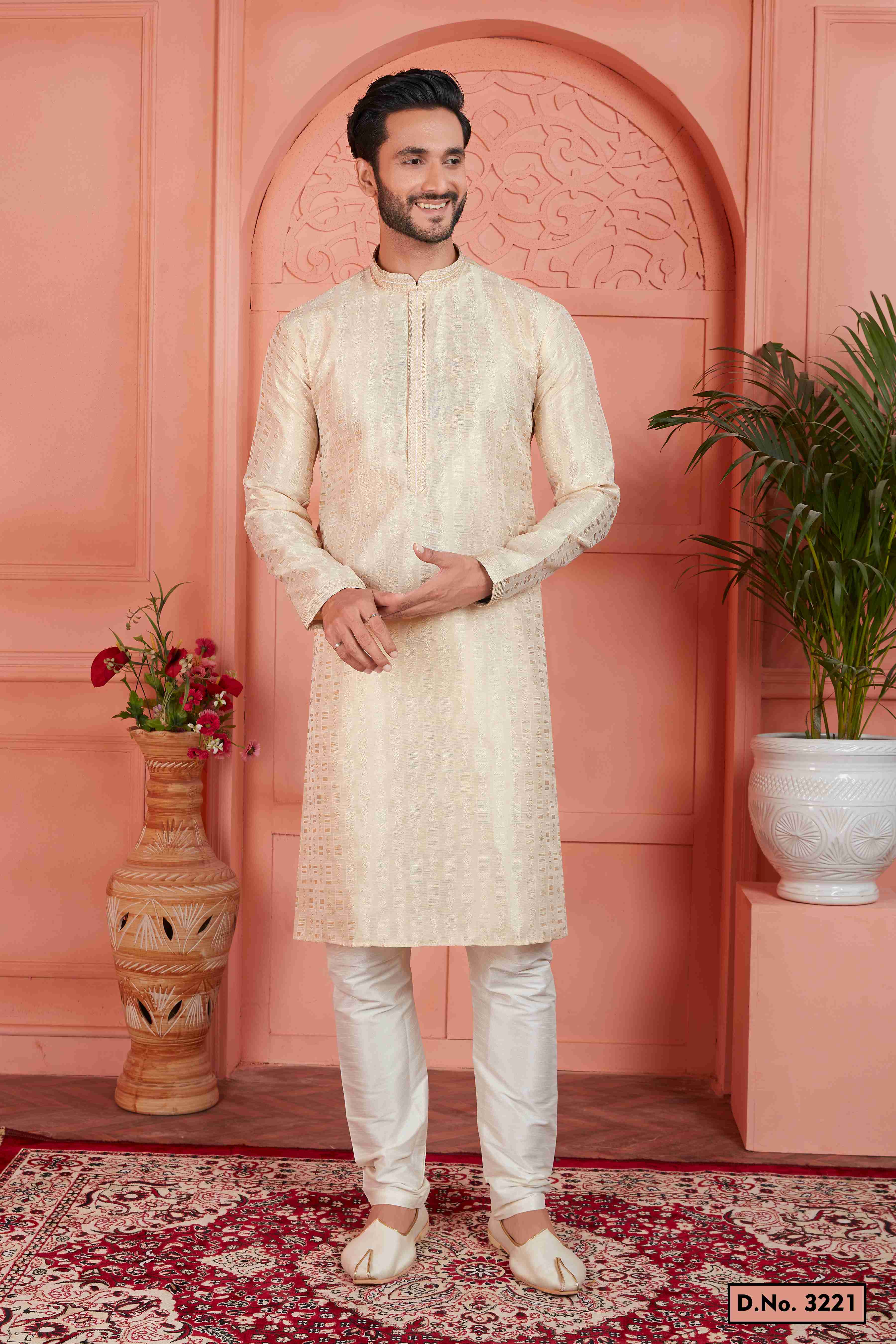 Raivat Ethnic Men's Jacquard Silk Brocade Pintux Work Kurta Pyjama In Cream Colour - Distacart
