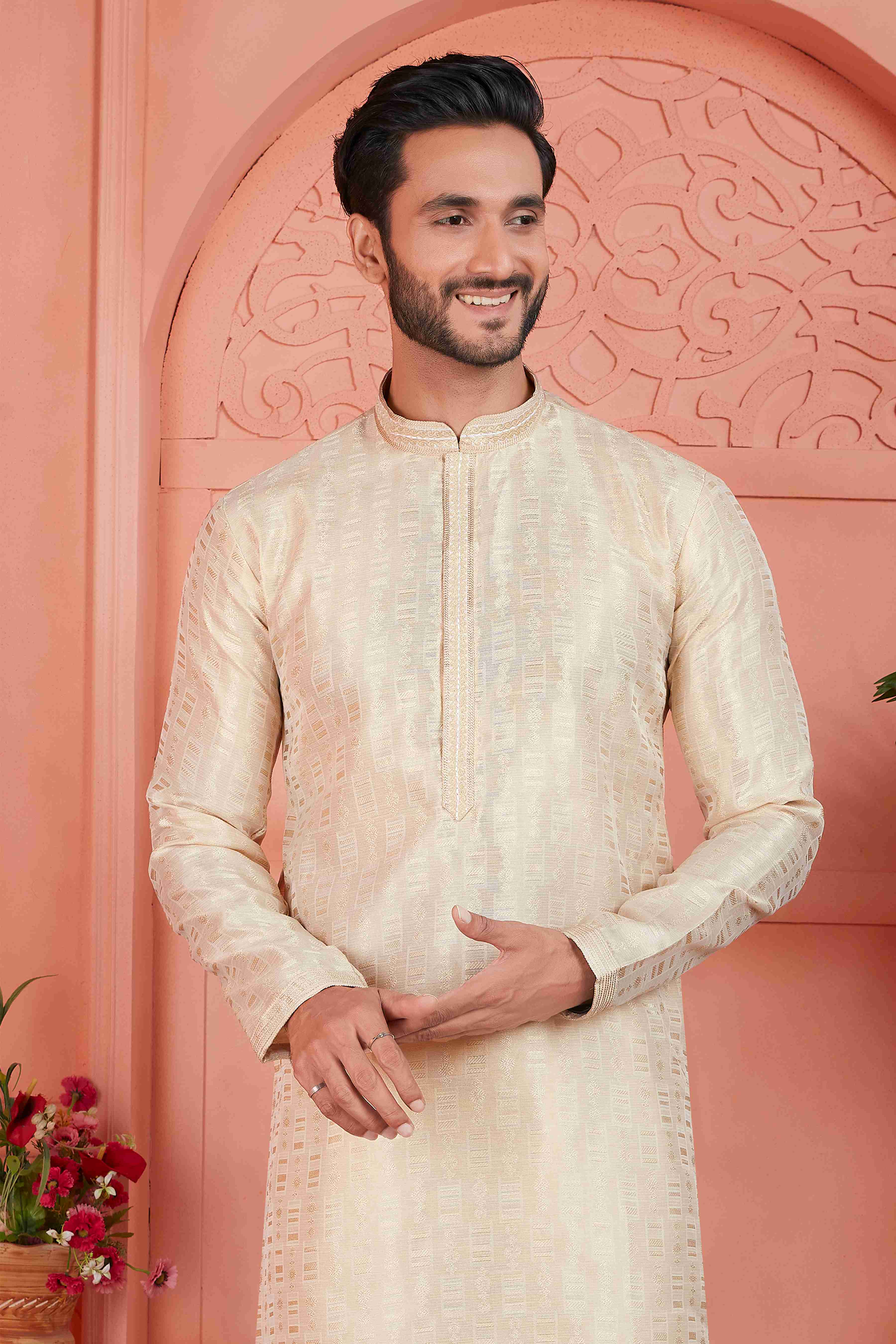 Raivat Ethnic Men's Jacquard Silk Brocade Pintux Work Kurta Pyjama In Cream Colour