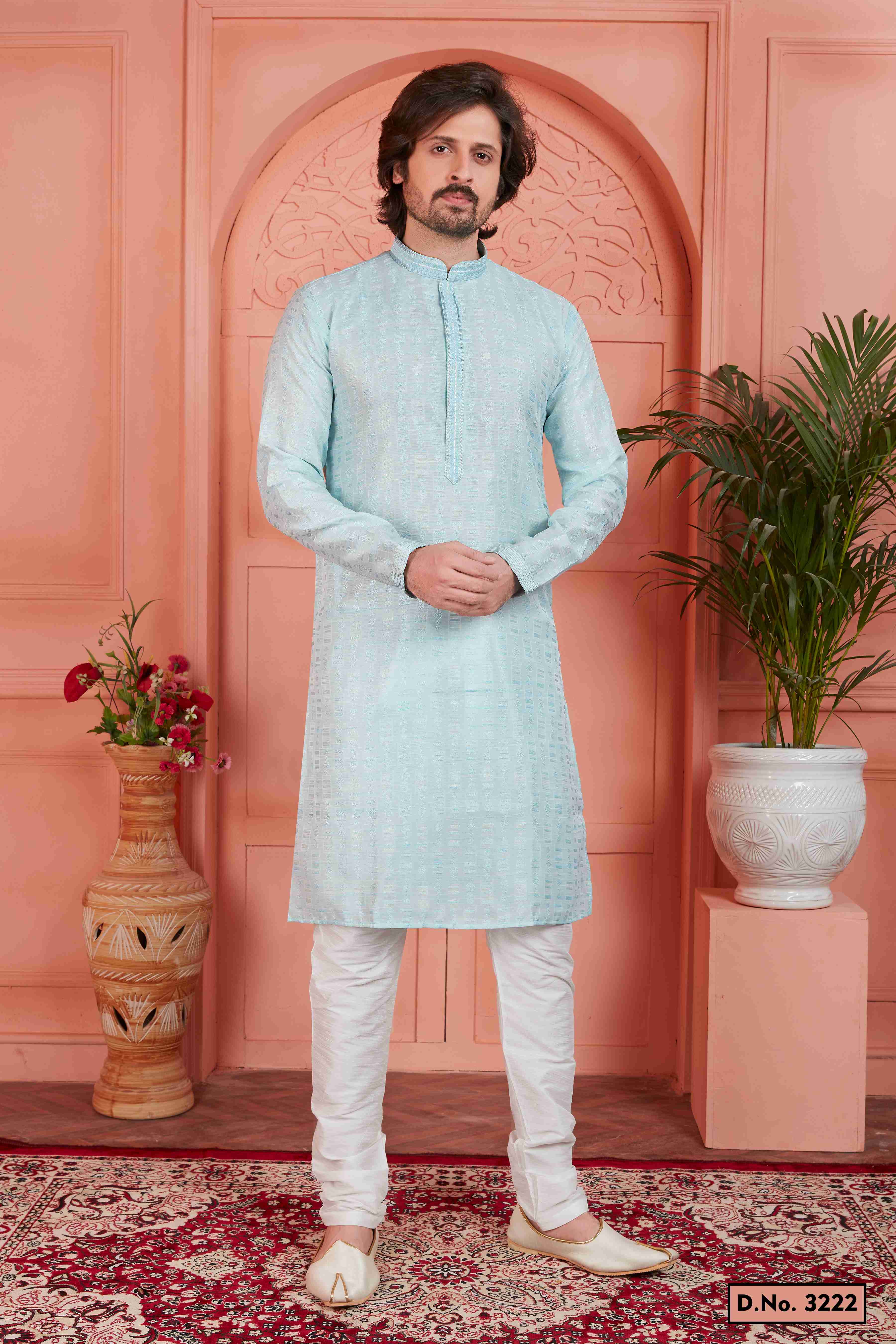 Raivat Ethnic Men's Jacquard Silk Brocade Pintux Work Kurta Pyjama In Sky Blue Colour