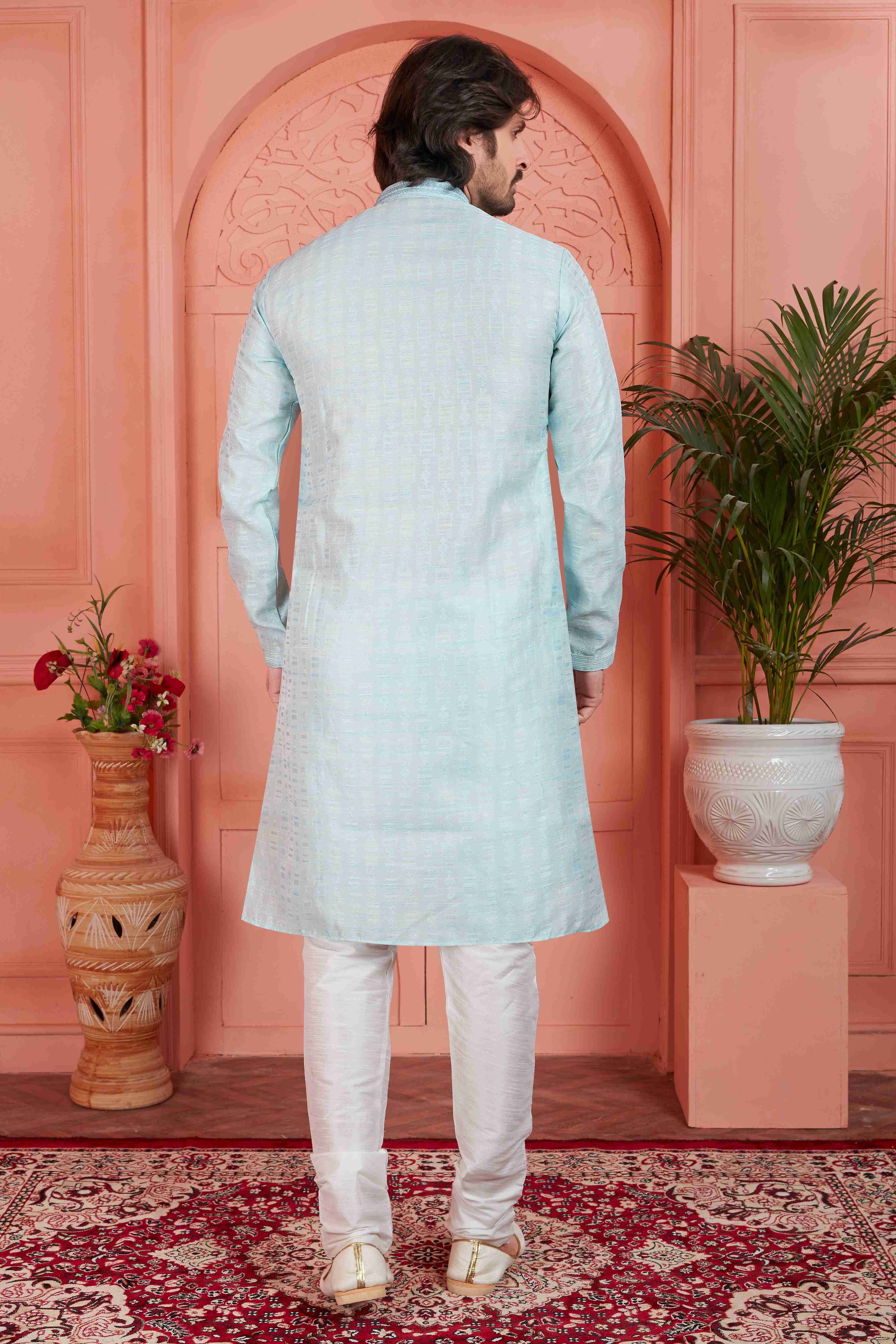 Raivat Ethnic Men's Jacquard Silk Brocade Pintux Work Kurta Pyjama In Sky Blue Colour