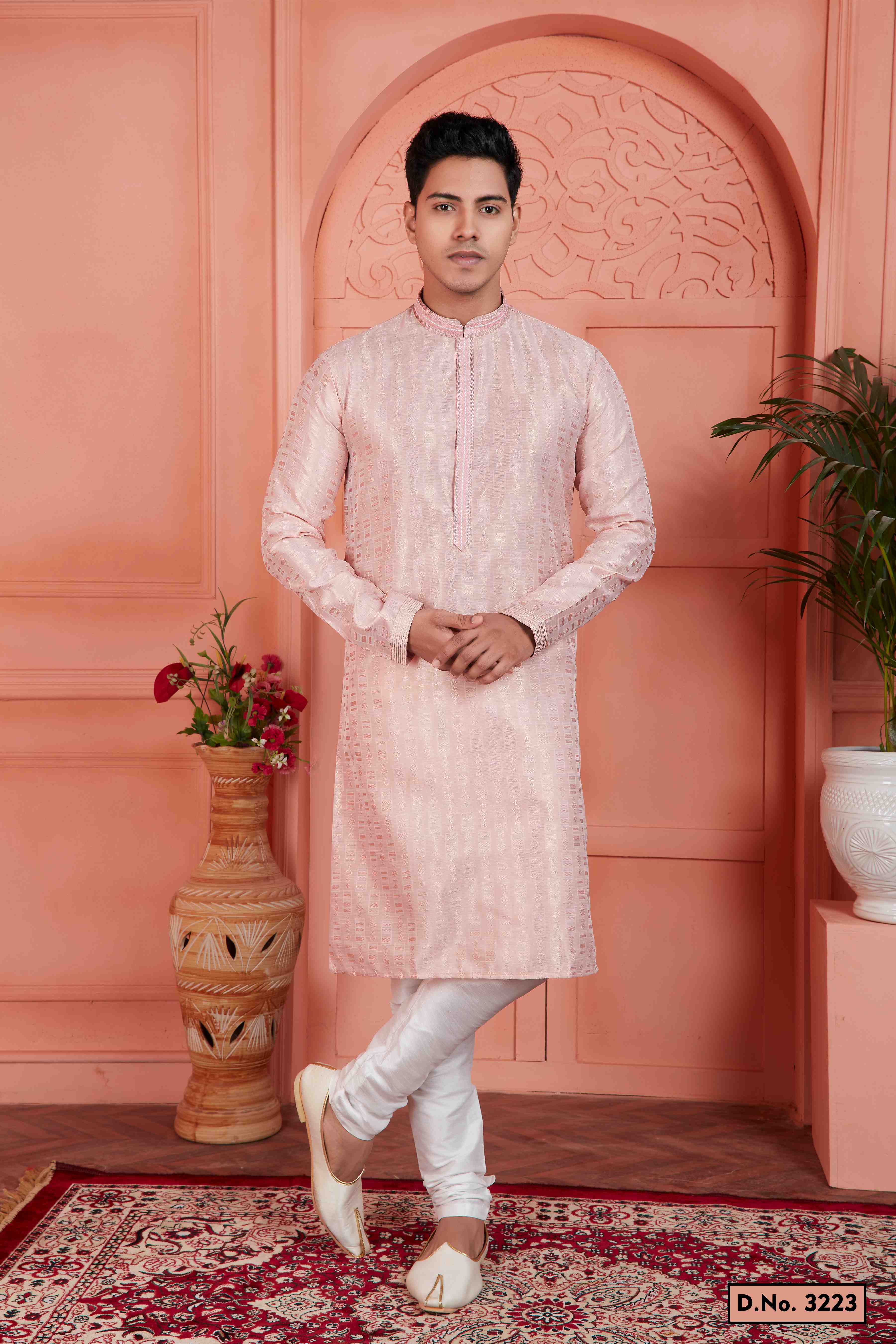 Raivat Ethnic Men's Jacquard Silk Brocade Pintux Work Kurta Pyjama In Peach Colour
