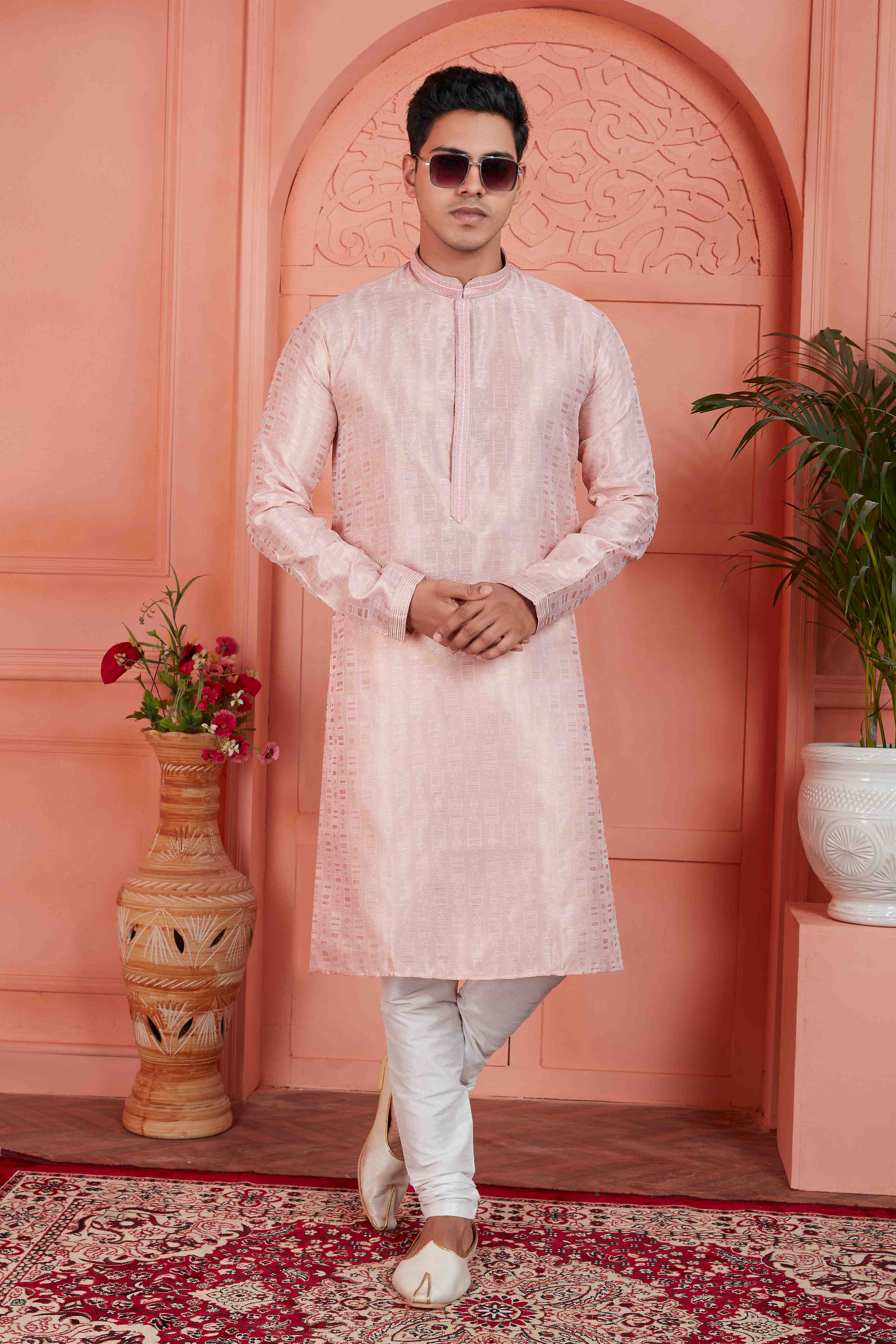 Raivat Ethnic Men's Jacquard Silk Brocade Pintux Work Kurta Pyjama In Peach Colour