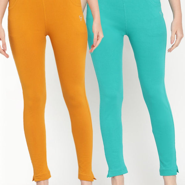 TAG 7 Women Pack of 2 Mustard Yellow & Turquoise Blue Solid Kurti Pants - Distacart