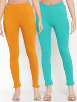 Thumbnail for TAG 7 Women Pack of 2 Mustard Yellow & Turquoise Blue Solid Kurti Pants - Distacart