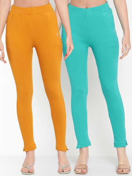 TAG 7 Women Pack of 2 Mustard Yellow & Turquoise Blue Solid Kurti Pants - Distacart