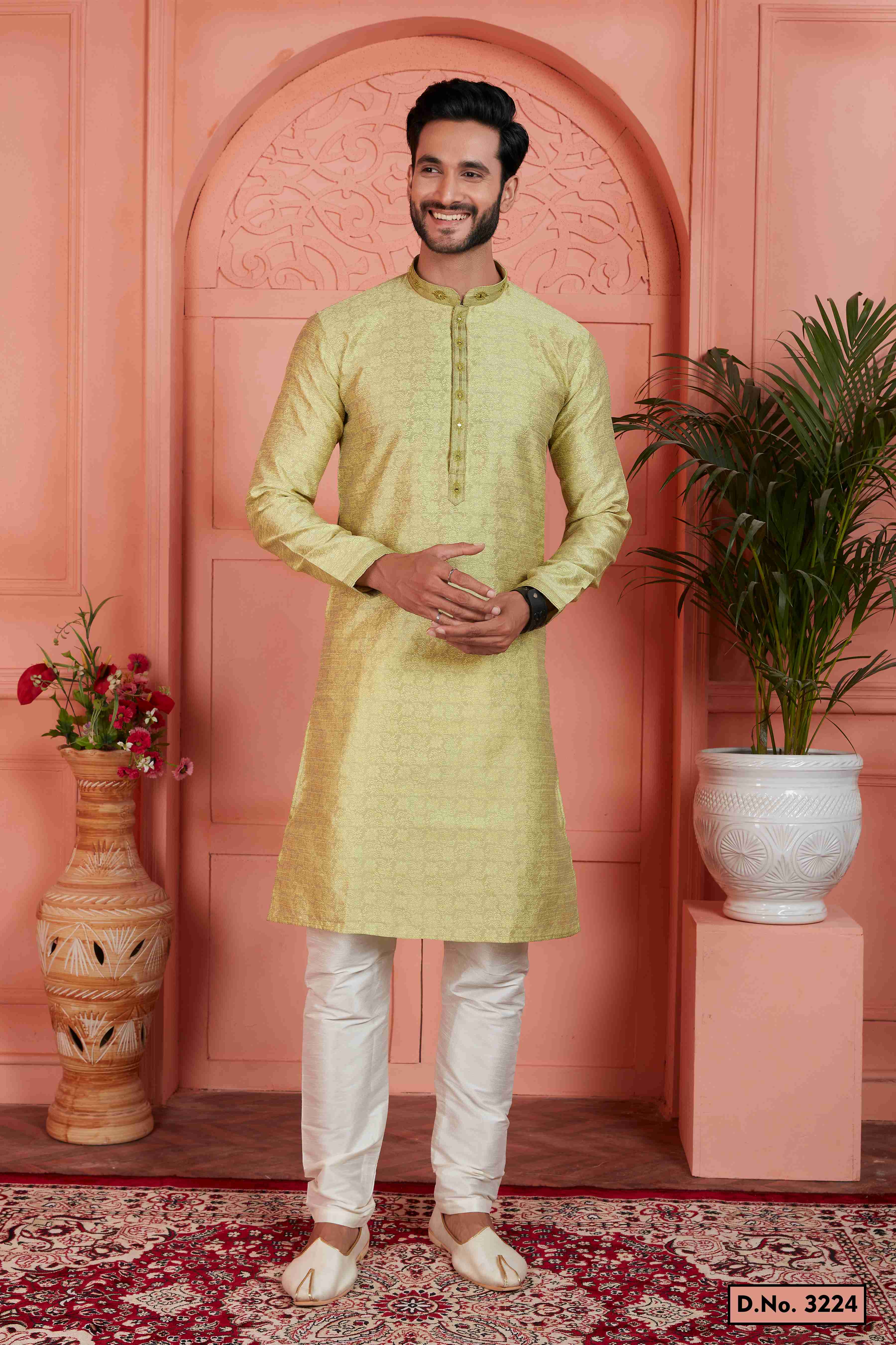 Raivat Ethnic Men's Jacquard Silk Brocade Mirror and Pintux Work Kurta Pyjama In Yellow Colour - Distacart