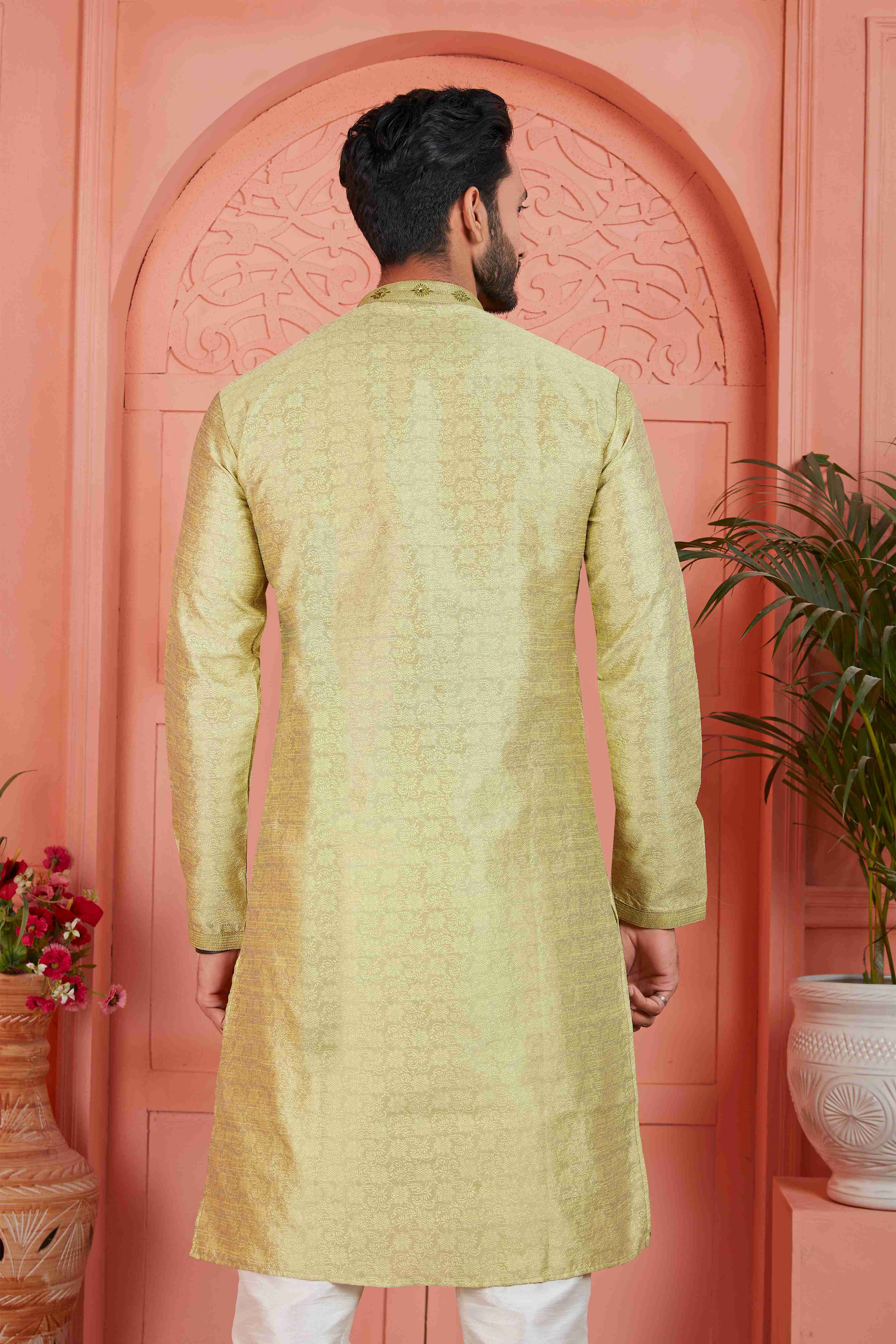 Raivat Ethnic Men's Jacquard Silk Brocade Mirror and Pintux Work Kurta Pyjama In Yellow Colour