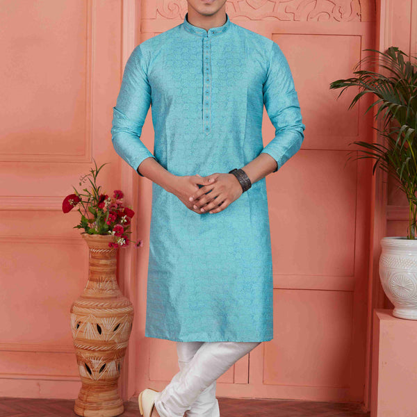 Raivat Ethnic Men's Jacquard Silk Brocade Mirror and Pintux Work Kurta Pyjama In Blue Colour - Distacart