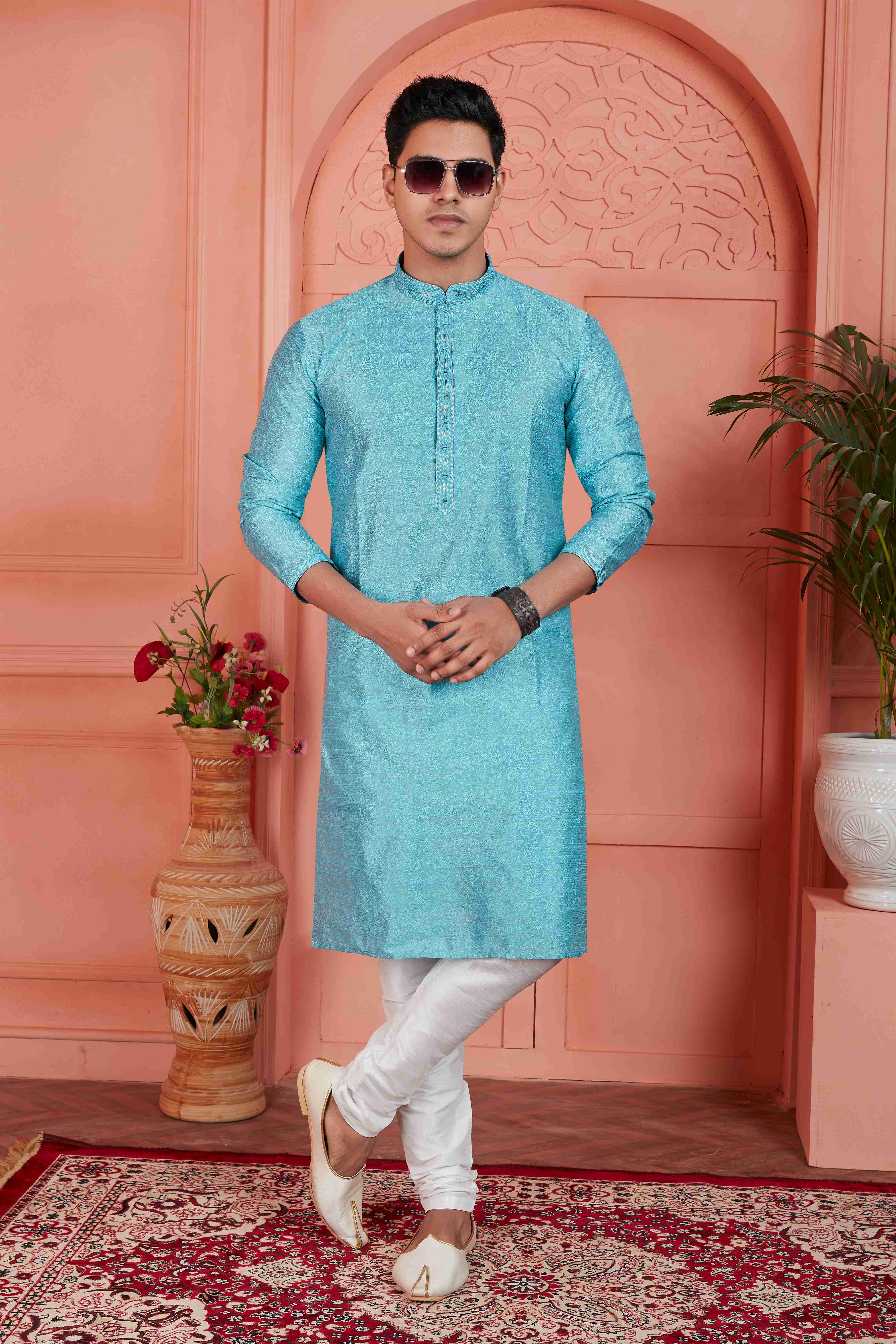 Raivat Ethnic Men's Jacquard Silk Brocade Mirror and Pintux Work Kurta Pyjama In Blue Colour - Distacart