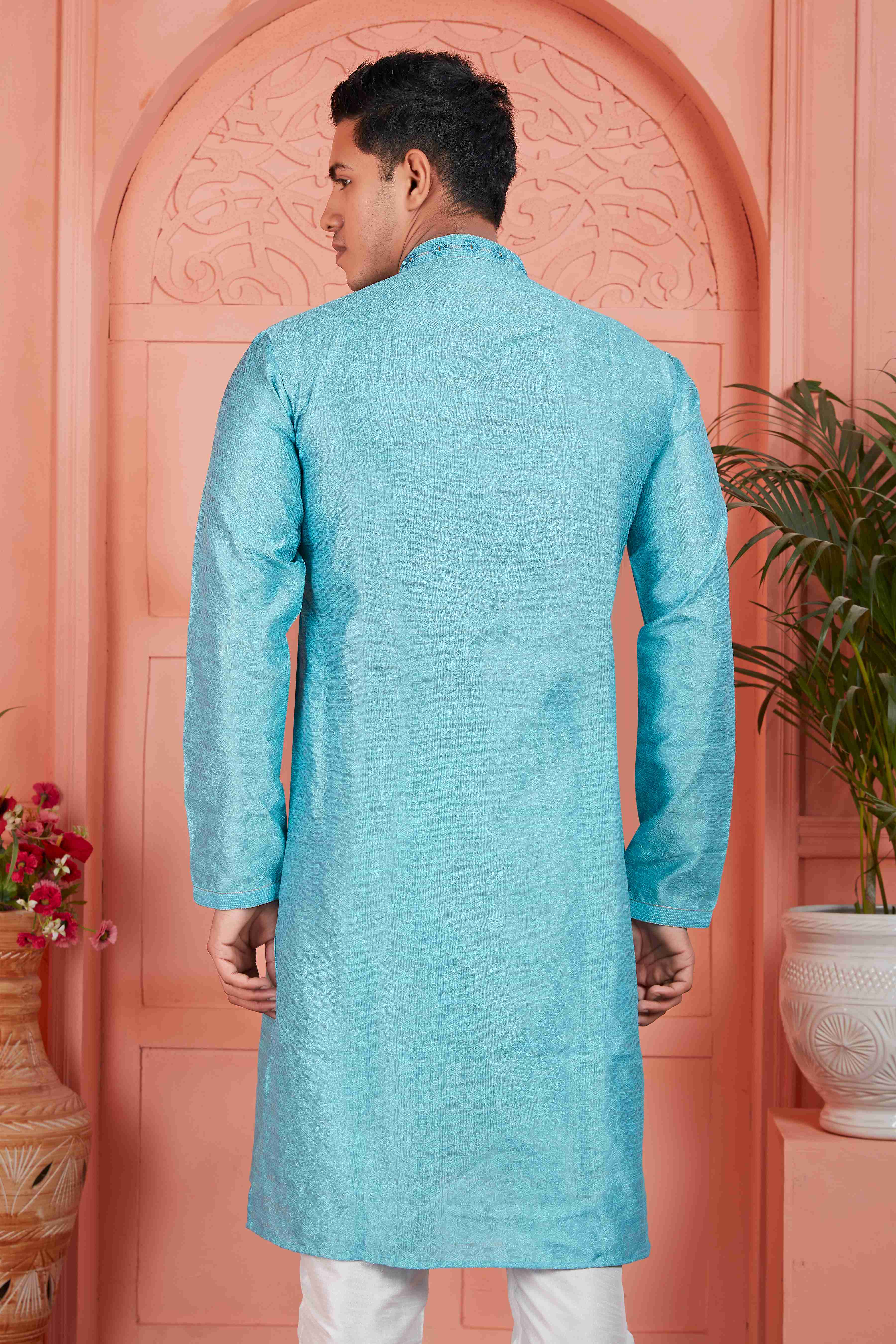 Raivat Ethnic Men's Jacquard Silk Brocade Mirror and Pintux Work Kurta Pyjama In Blue Colour