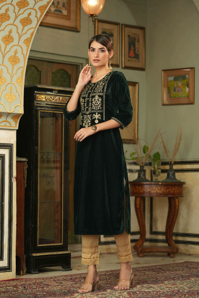 Juniper Women's Green Soild Velvet Kurta With Zari Work & Buttons - Distacart