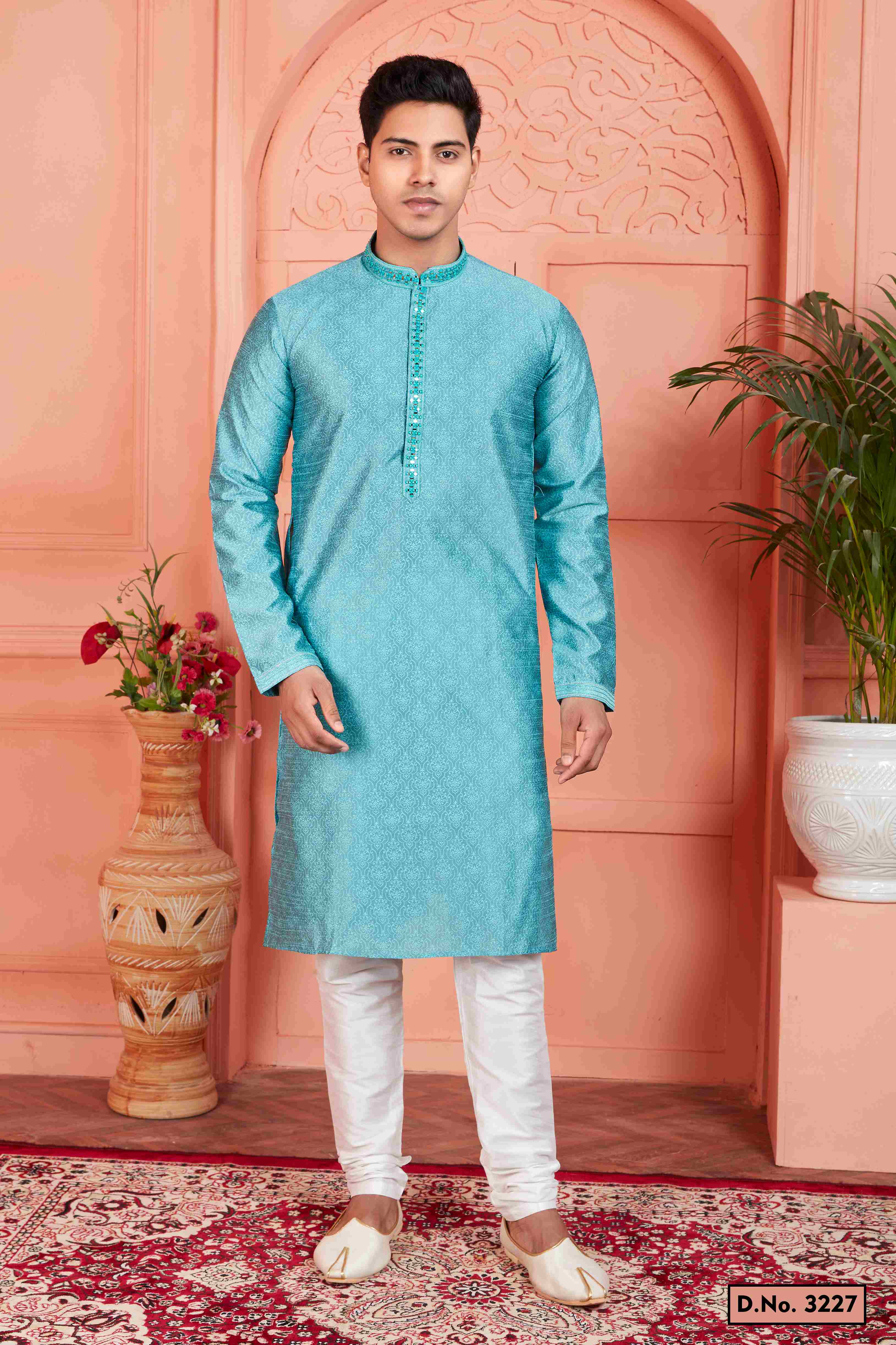 Raivat Ethnic Men's Jacquard Silk Brocade Mirror and Pintux Work Kurta Pyjama In Blue Colour