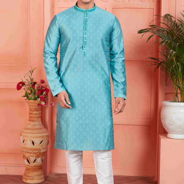 Raivat Ethnic Men's Jacquard Silk Brocade Mirror and Pintux Work Kurta Pyjama In Blue Colour - Distacart