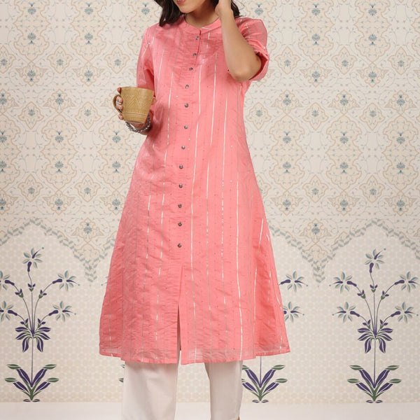 Ode by House of Pataudi Striped Gotta Patti Sequinned A-Line Kurta - Distacart