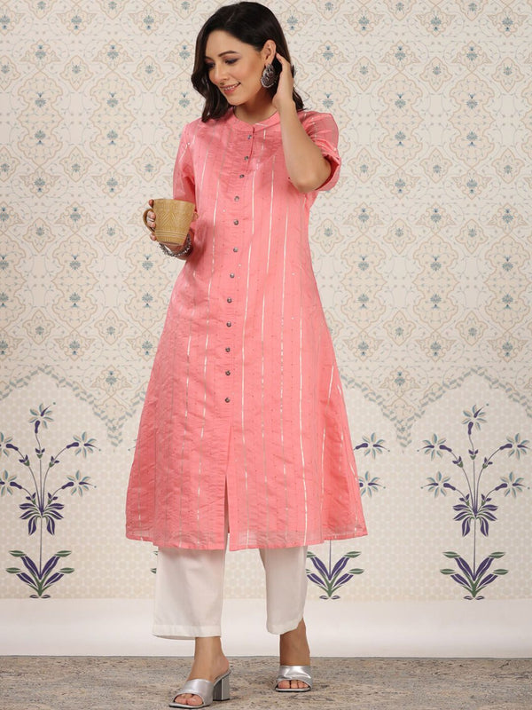 Ode by House of Pataudi Striped Gotta Patti Sequinned A-Line Kurta - Distacart