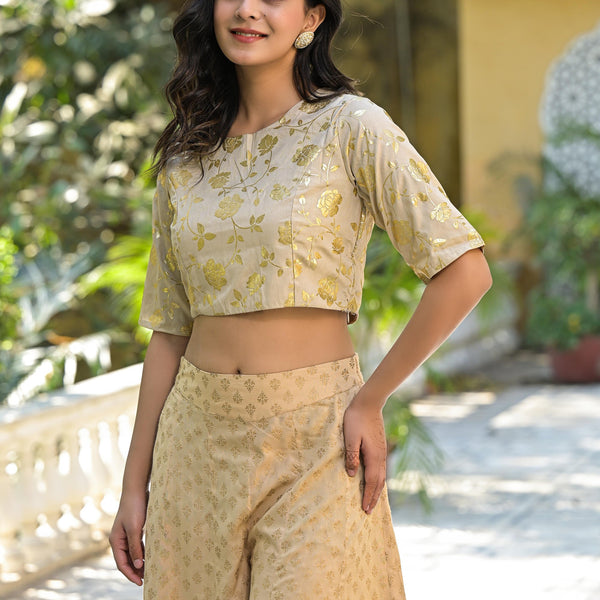 Juniper Women's Gold Floral Printed Silk Blouse With Foil Work - Distacart