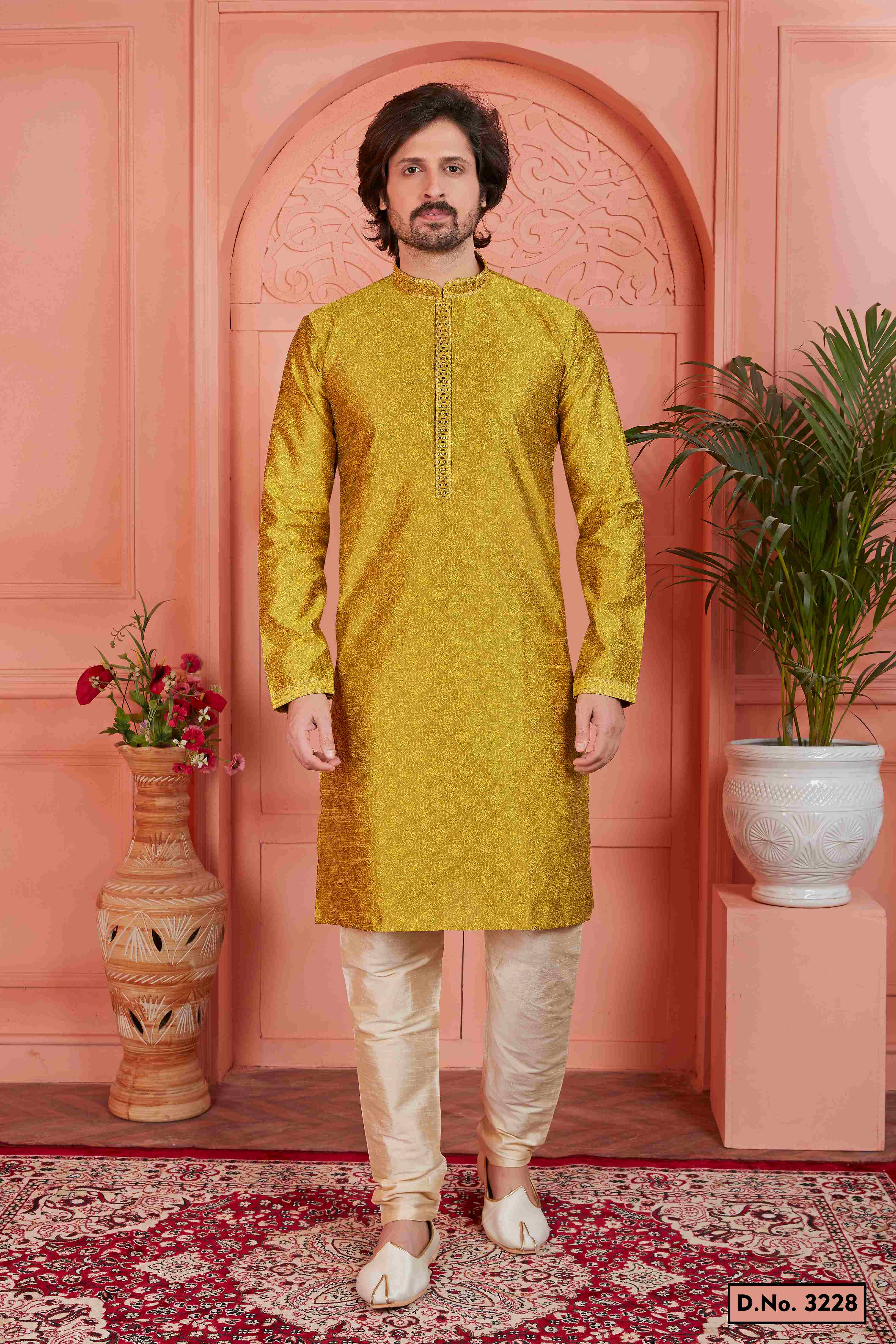 Raivat Ethnic Men's Jacquard Silk Brocade Mirror and Pintux Work Kurta Pyjama In Gold Colour