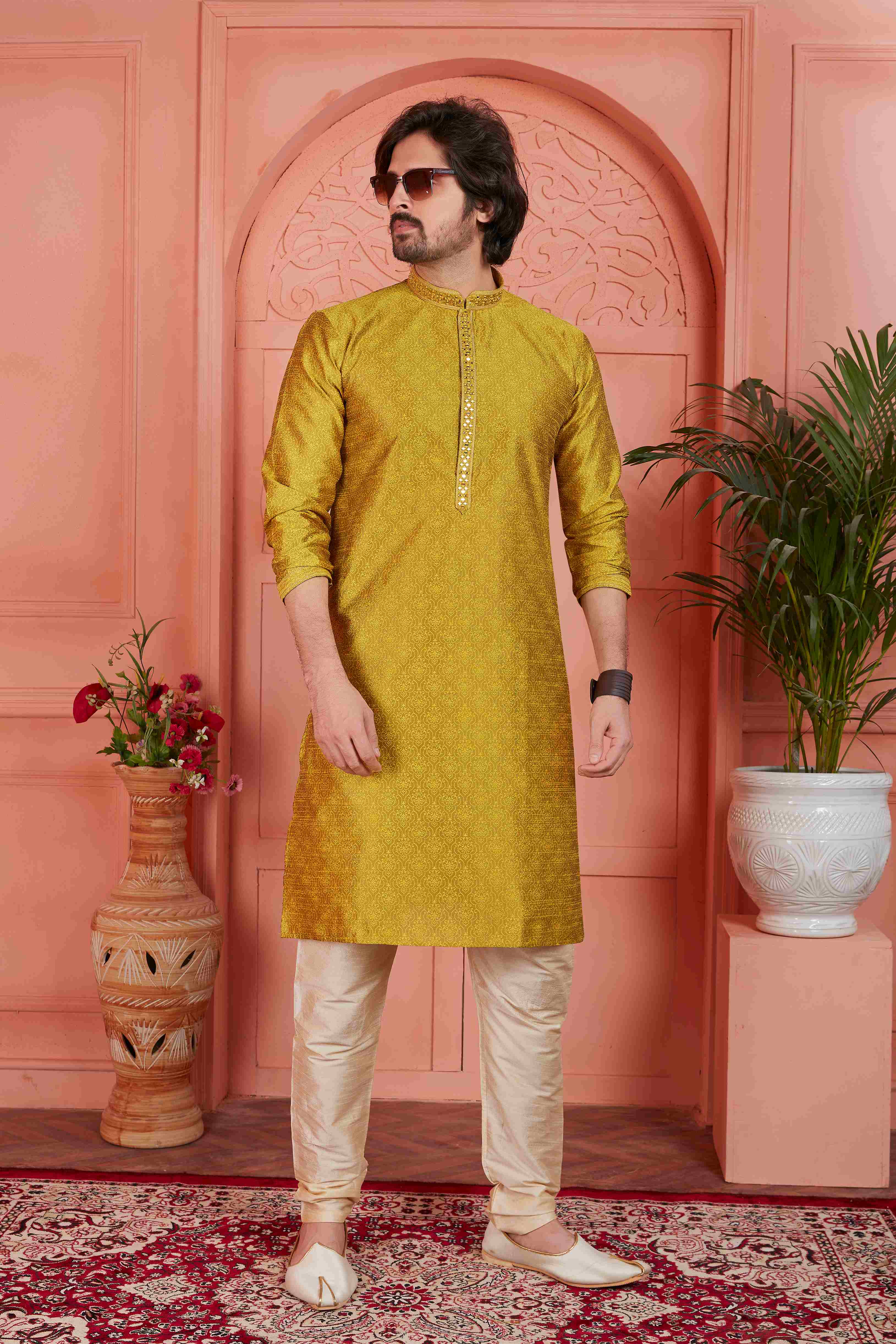 Raivat Ethnic Men's Jacquard Silk Brocade Mirror and Pintux Work Kurta Pyjama In Gold Colour