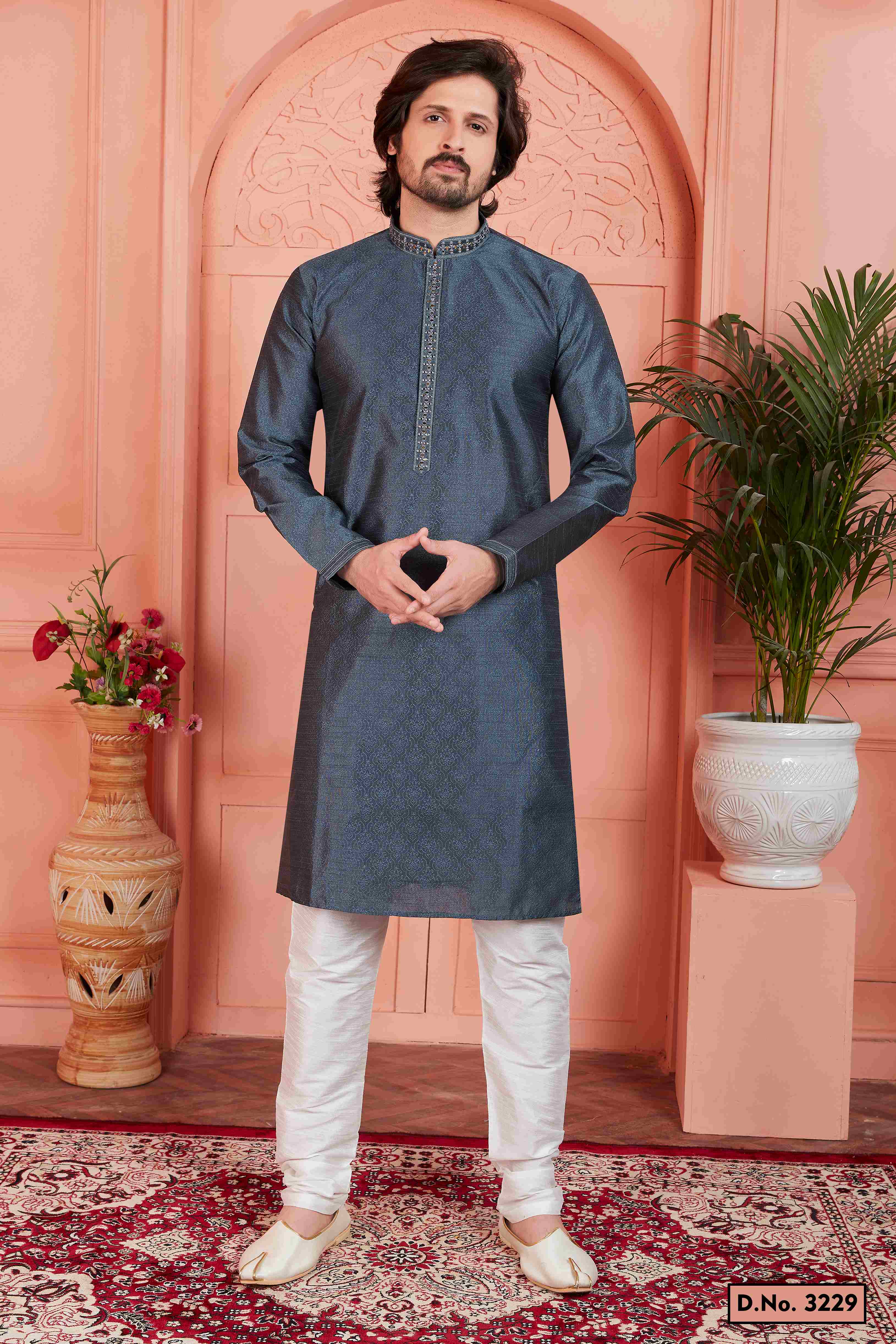 Raivat Ethnic Men's Jacquard Silk Brocade Mirror and Pintux Work Kurta Pyjama In Dark Grey Colour