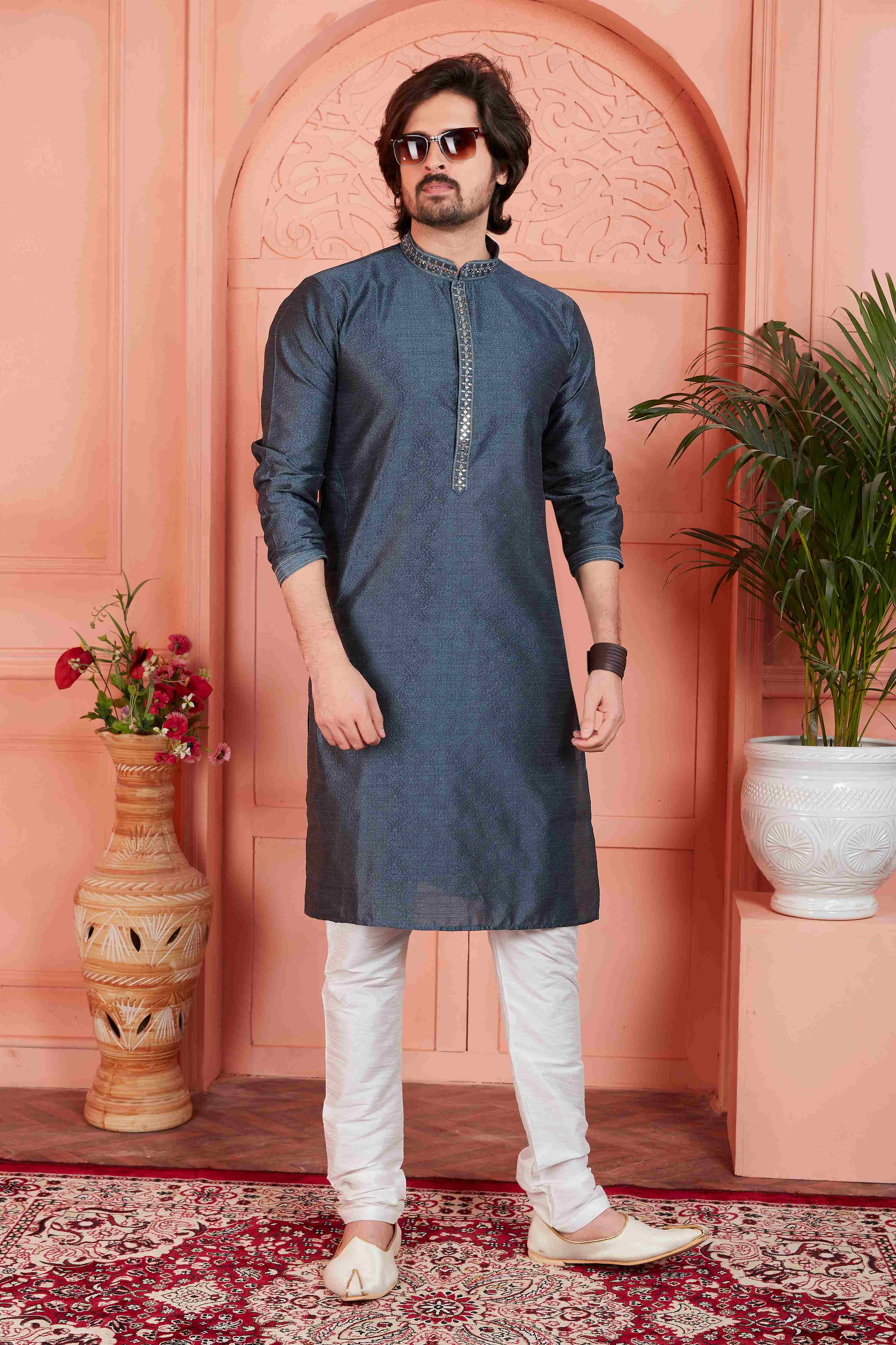 Raivat Ethnic Men's Jacquard Silk Brocade Mirror and Pintux Work Kurta Pyjama In Dark Grey Colour