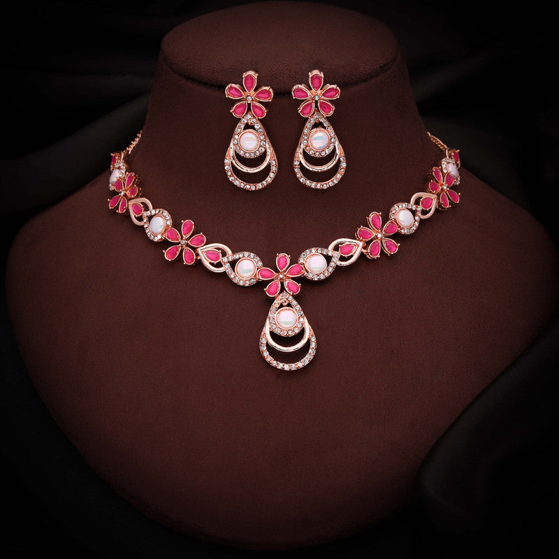 Tehzeeb Creations Rose Gold-Polished Pink Colour Necklace With Stud - Distacart