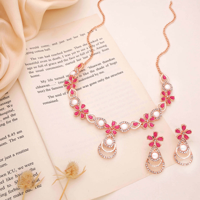 Tehzeeb Creations Rose Gold-Polished Pink Colour Necklace With Stud - Distacart