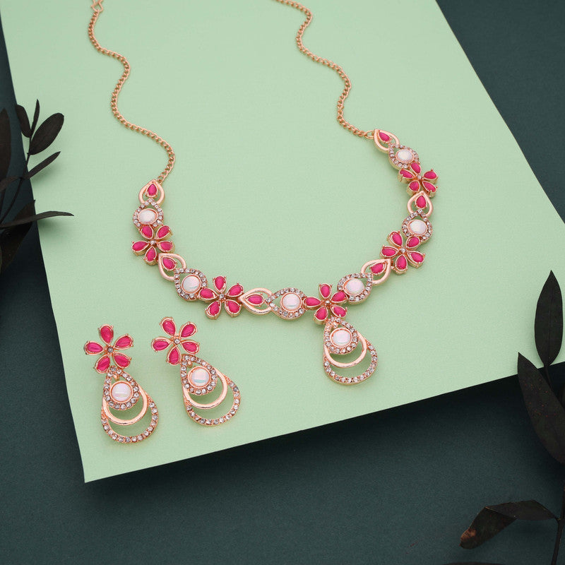 Tehzeeb Creations Rose Gold-Polished Pink Colour Necklace With Stud - Distacart