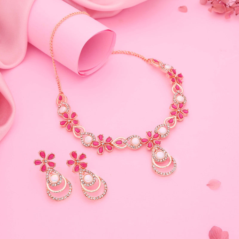 Tehzeeb Creations Rose Gold-Polished Pink Colour Necklace With Stud - Distacart