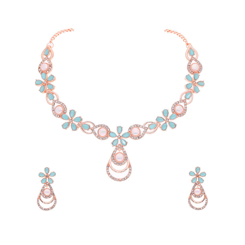 Tehzeeb Creations Rose Gold-Polished Sky Blue Colour Necklace With Stud - Distacart