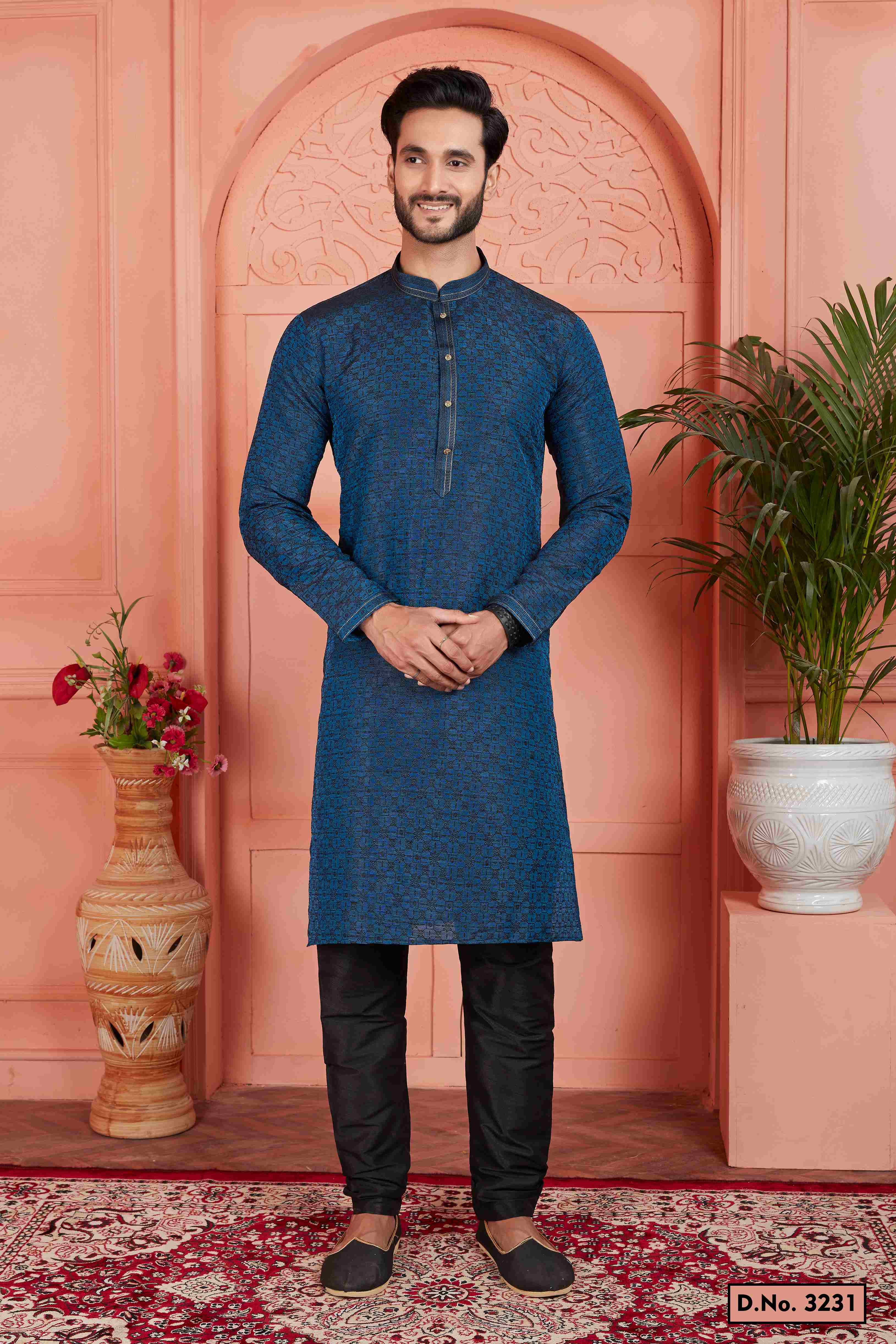 Raivat Ethnic Men's Jacquard Silk Brocade Pintux Work Kurta Pyjama In Teal Colour - Distacart