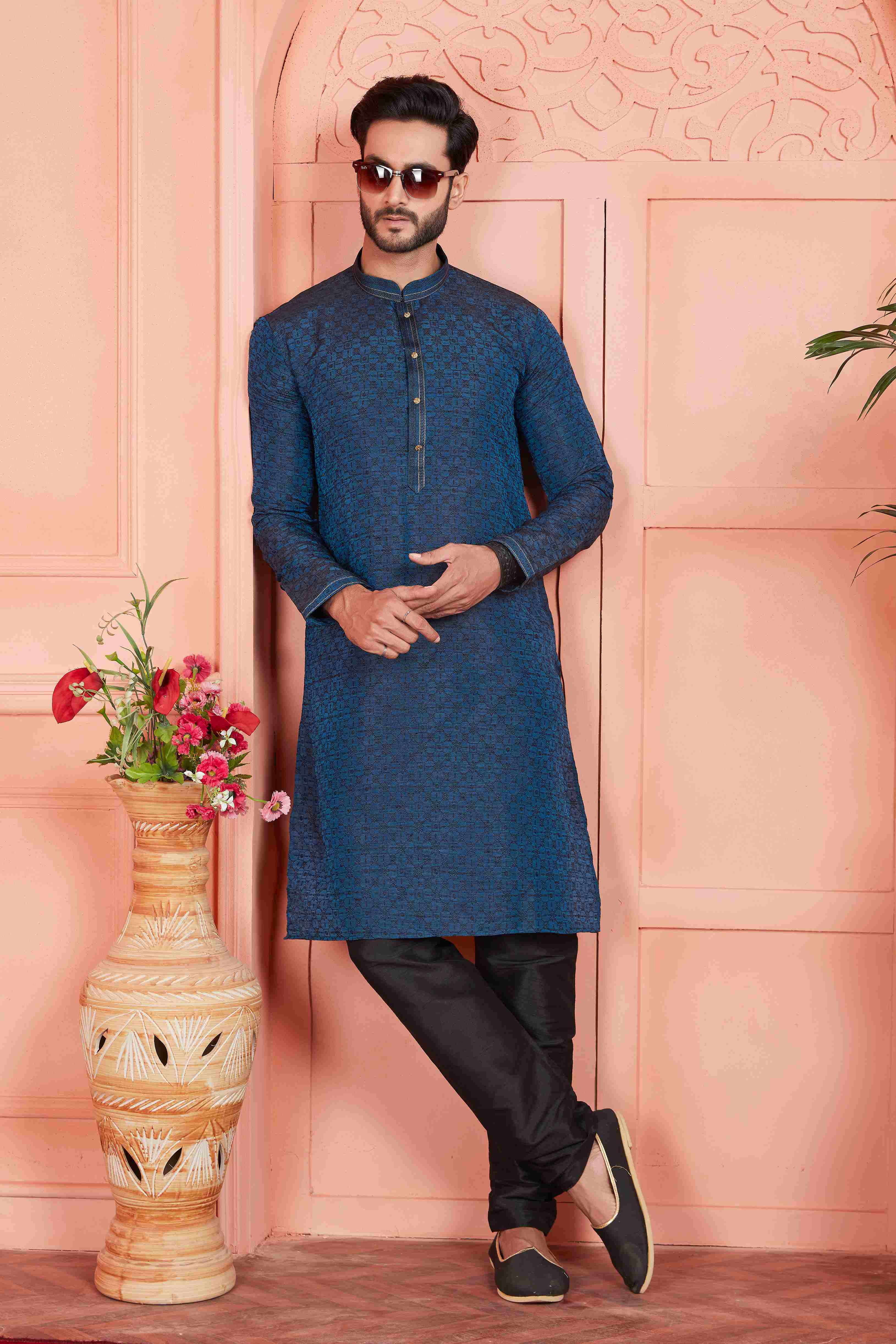 Raivat Ethnic Men's Jacquard Silk Brocade Pintux Work Kurta Pyjama In Teal Colour