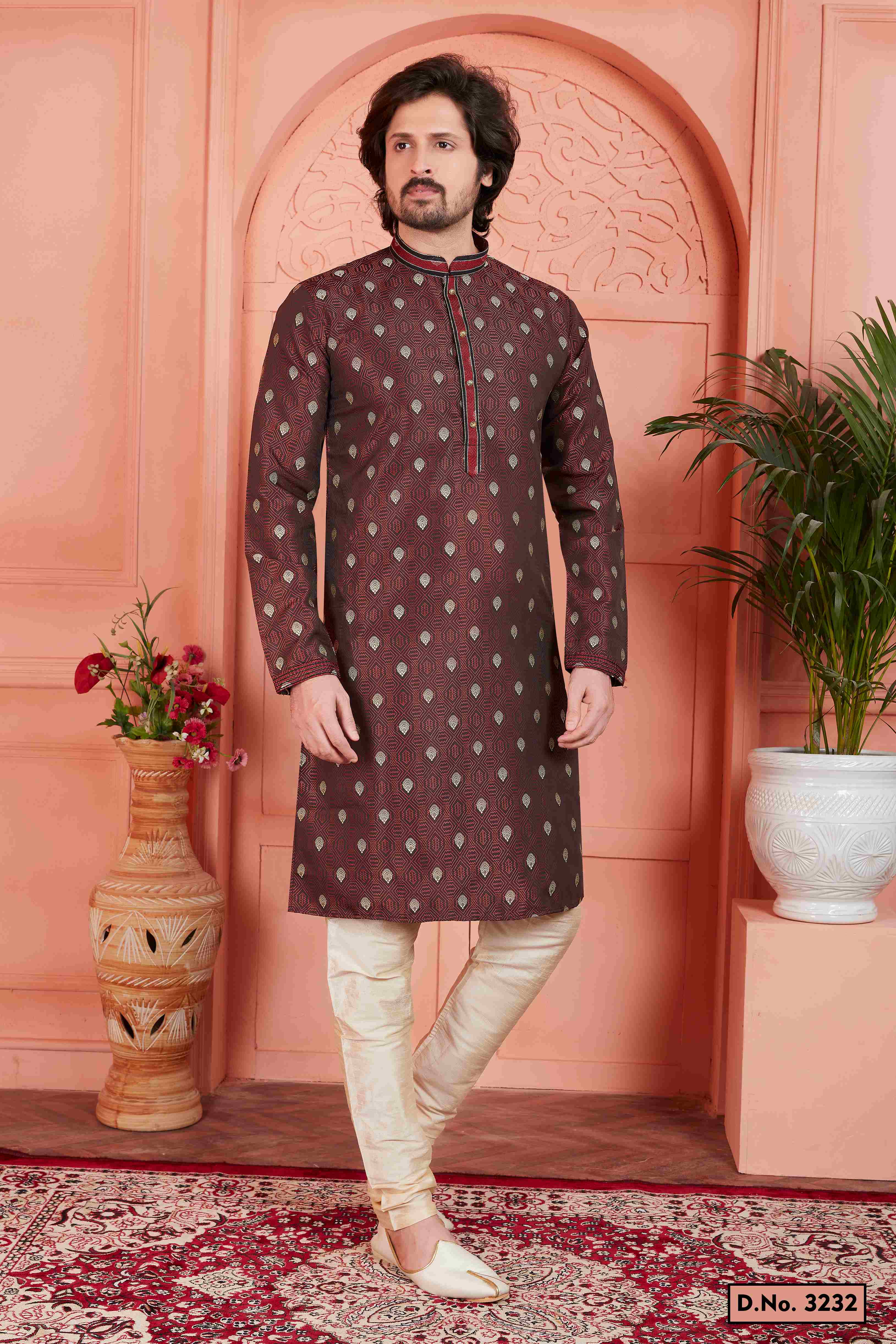 Raivat Ethnic Men's Jacquard Silk Brocade Pintux Work Kurta Pyjama In Brown Colour - Distacart