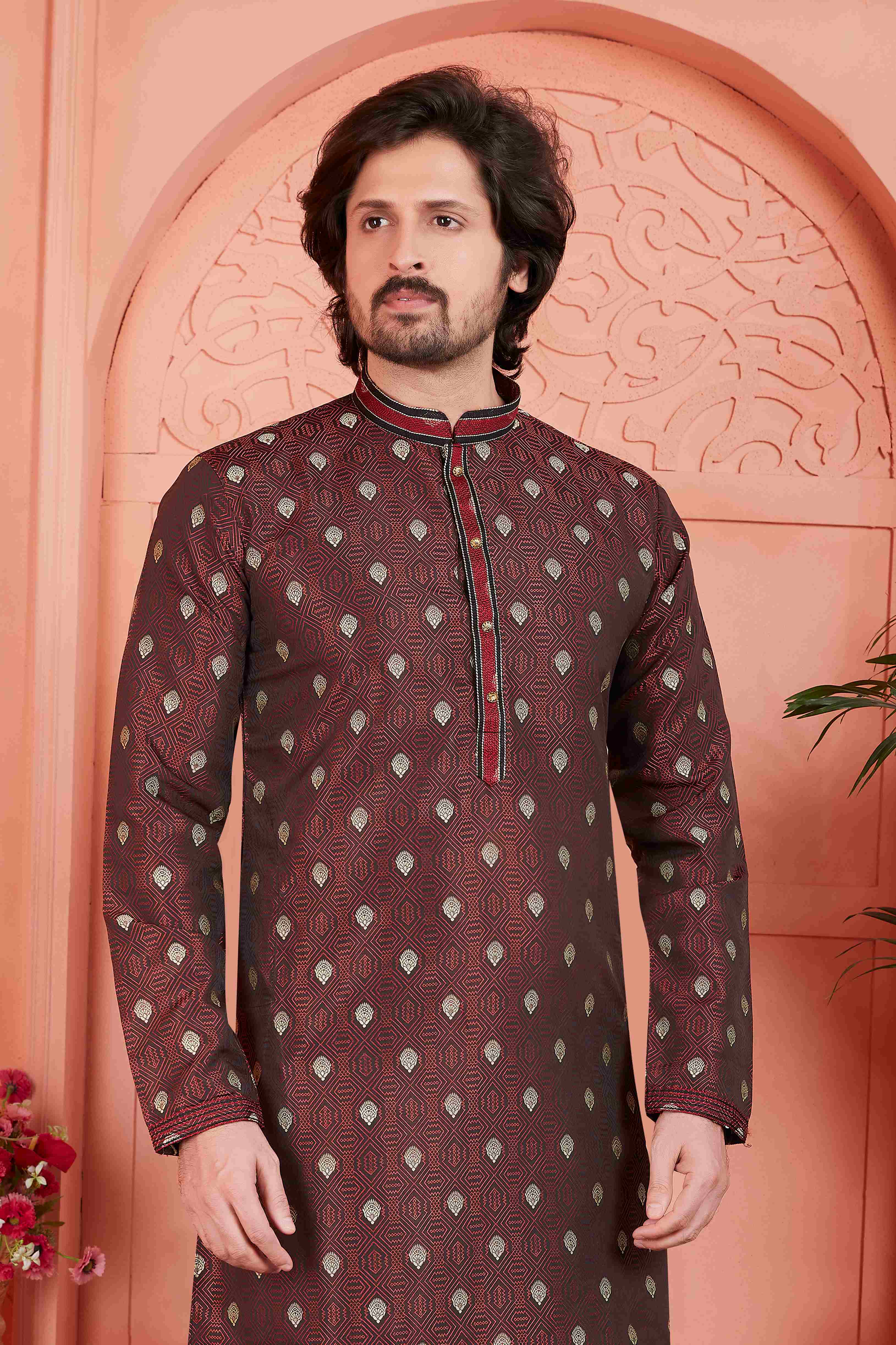 Raivat Ethnic Men's Jacquard Silk Brocade Pintux Work Kurta Pyjama In Brown Colour