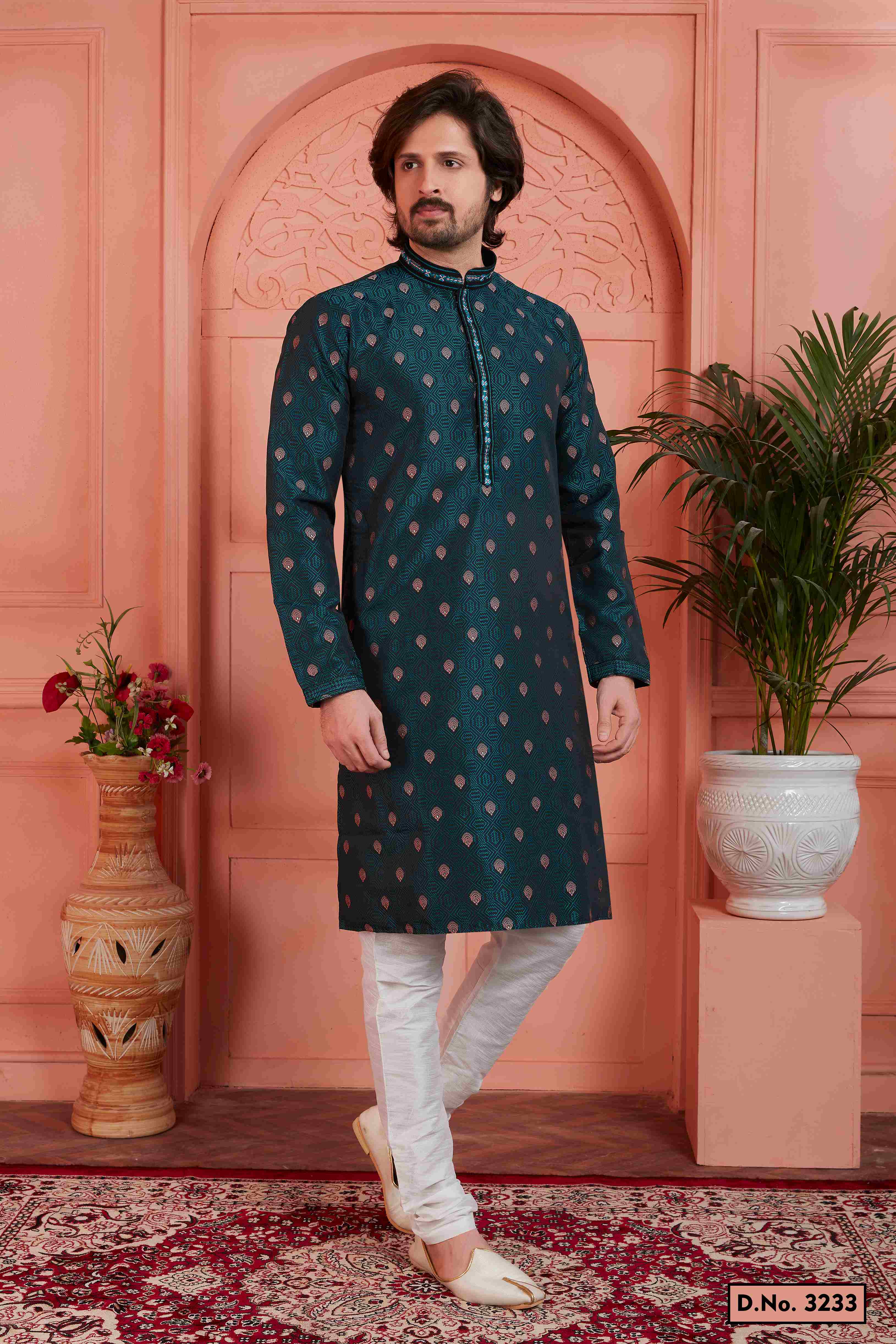 Raivat Ethnic Men's Jacquard Silk Brocade Pintux Work Kurta Pyjama In Teal Blue Colour