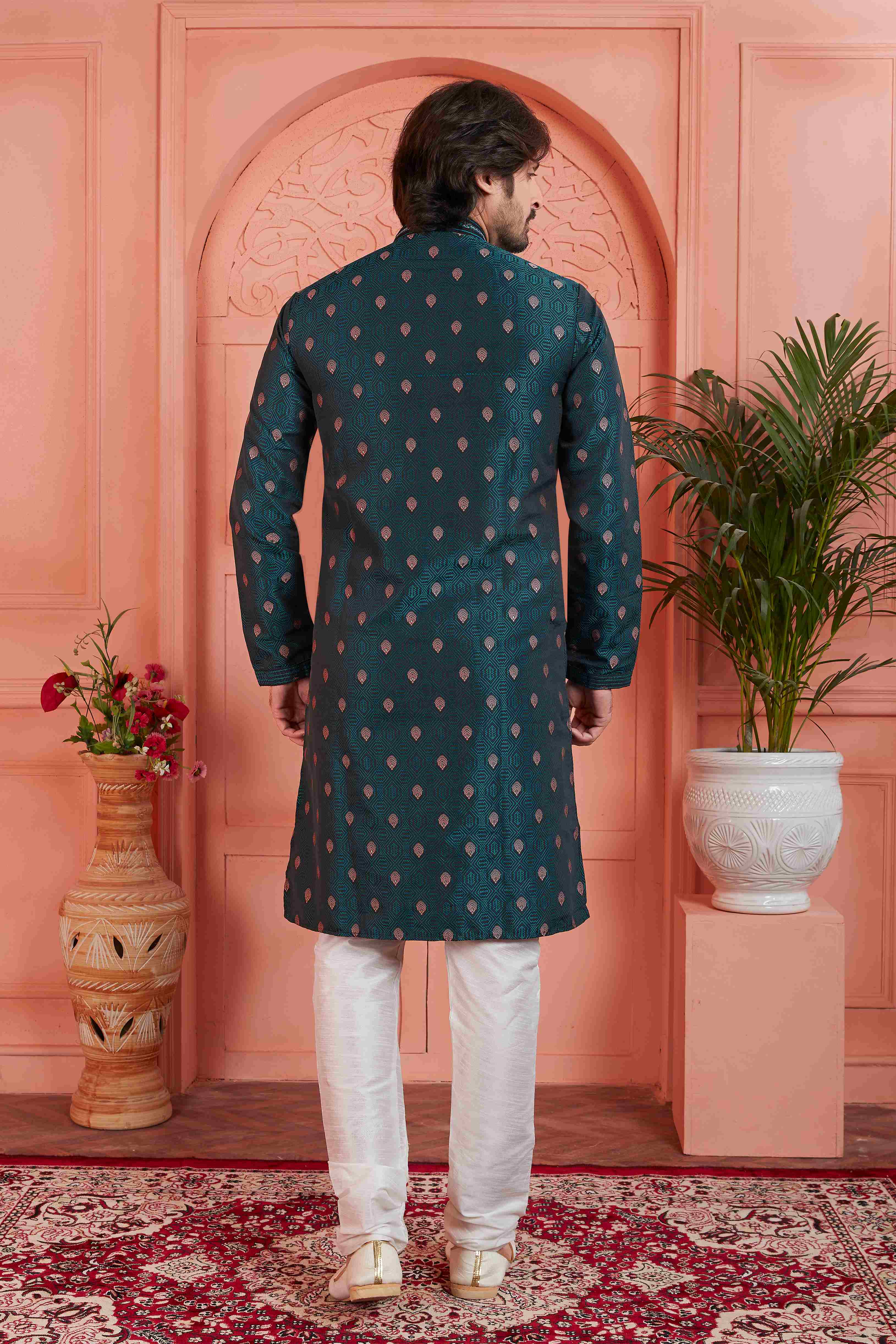 Raivat Ethnic Men's Jacquard Silk Brocade Pintux Work Kurta Pyjama In Teal Blue Colour