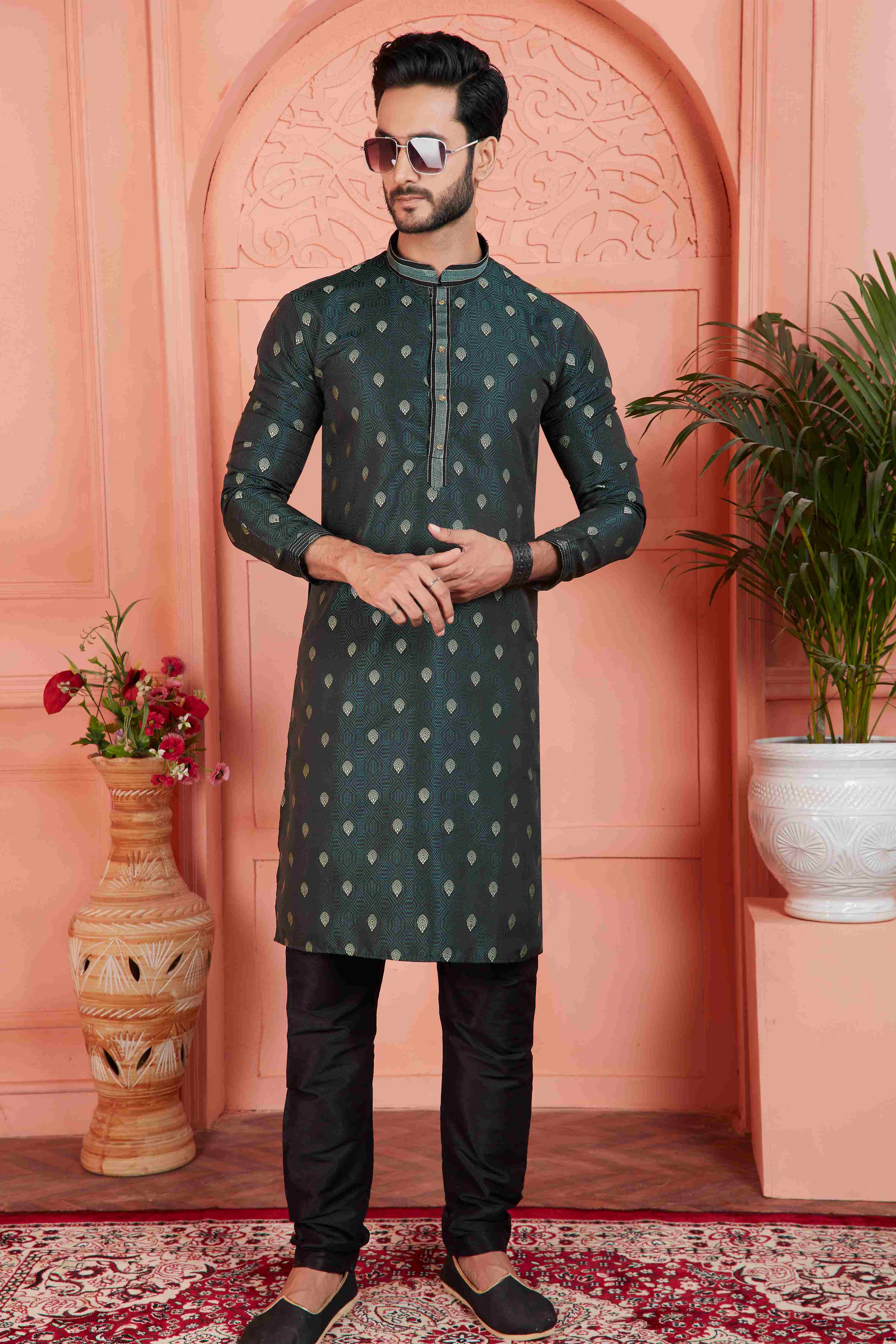 Raivat Ethnic Men's Jacquard Silk Brocade Pintux Work Kurta Pyjama In Dark Green Colour - Distacart