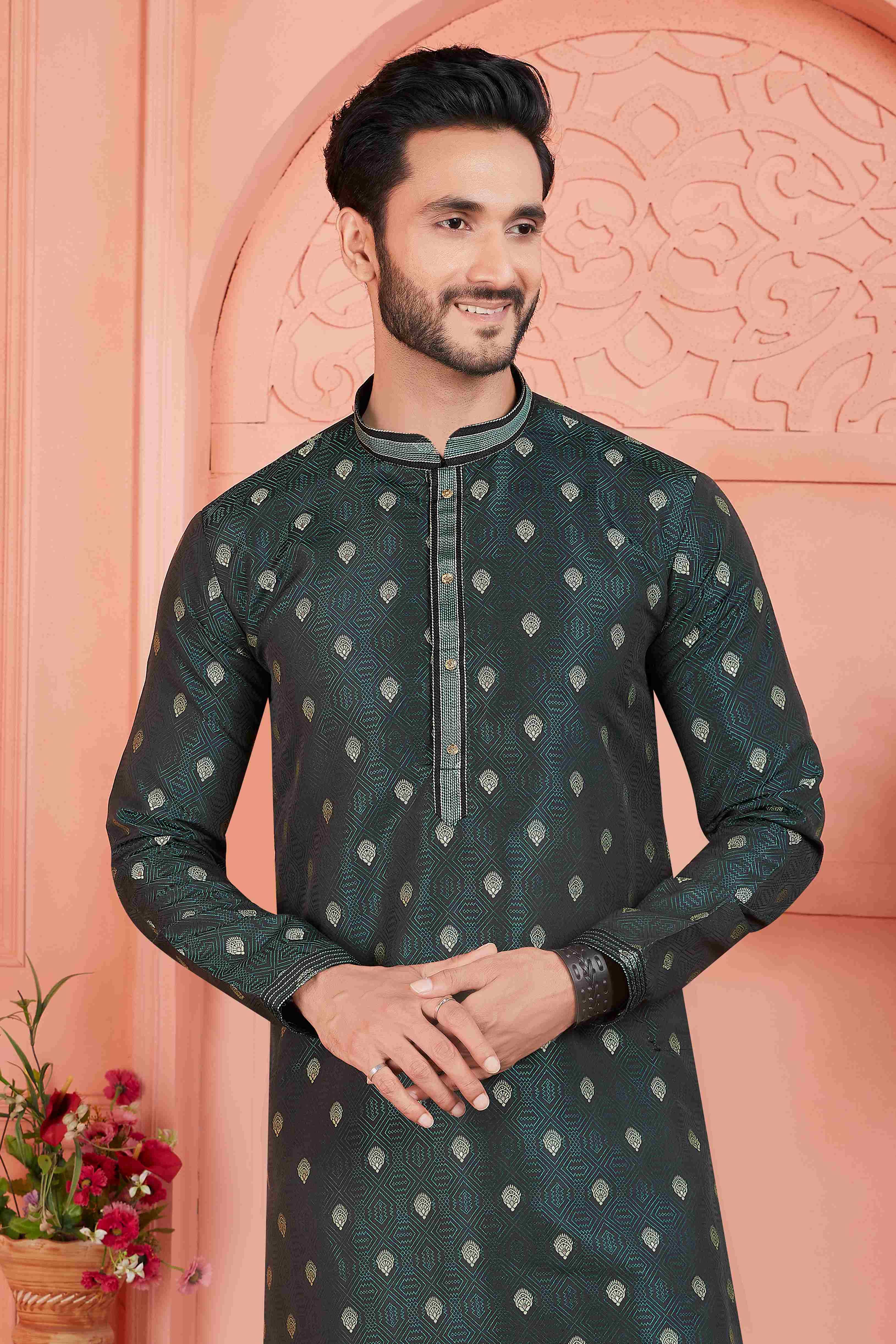 Raivat Ethnic Men's Jacquard Silk Brocade Pintux Work Kurta Pyjama In Dark Green Colour