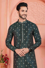 Thumbnail for Raivat Ethnic Men's Jacquard Silk Brocade Pintux Work Kurta Pyjama In Dark Green Colour