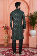 Thumbnail for Raivat Ethnic Men's Jacquard Silk Brocade Pintux Work Kurta Pyjama In Dark Green Colour