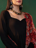Thumbnail for Sangria Black Sweetheart Neck Anarkali Kurta With Dupatta - Distacart